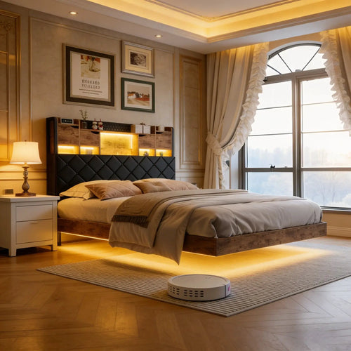 Bett MGMYM 140x200/160x200 Mit Kopfteil Stauraum Getränkehalter LED RGB