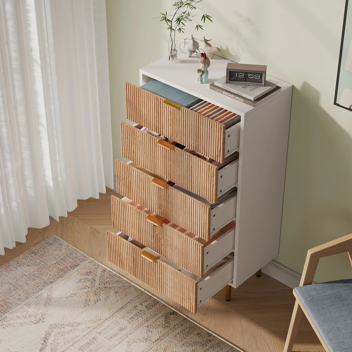 Anajqaqia Nachttisch Massivholz 5 Schubladen Goldene Beine