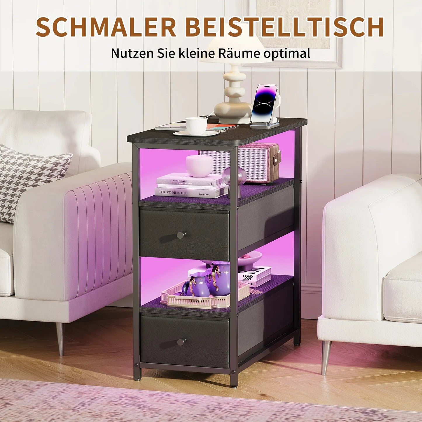 WOODENAURA Vierstöckiger Nachttisch mit zwei Stoffschubladen, LED-Licht + Ladestation, offenes Regal, Beistelltisch, schwarz by Golden Bridge Store