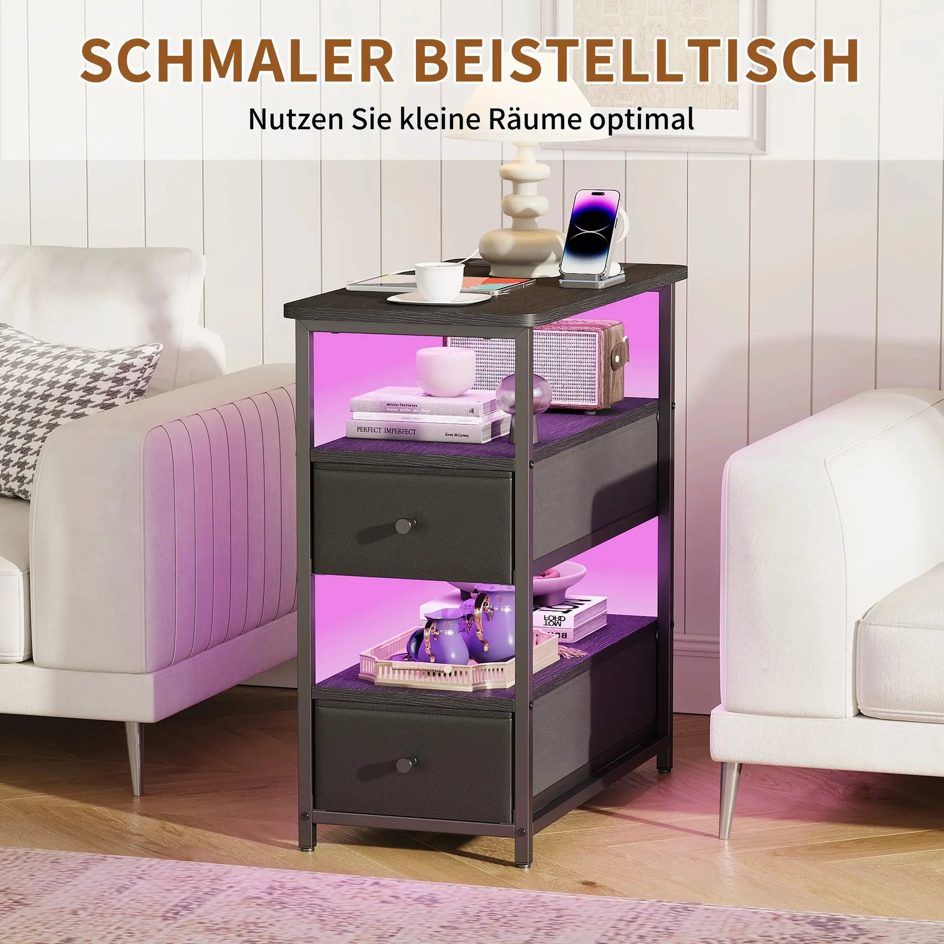 WOODENAURA Vierstöckiger Nachttisch mit zwei Stoffschubladen, LED-Licht + Ladestation, offenes Regal, Beistelltisch, schwarz by Golden Bridge Store