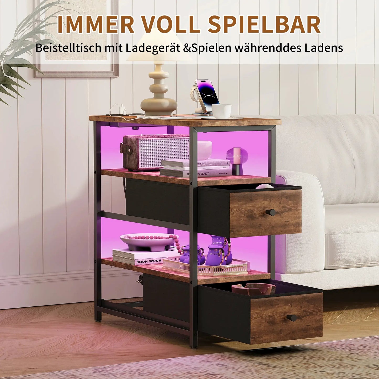 WOODENAURA Nachttisch mit zwei Stoffschubladen, LED-Licht + Ladestation, offenes Regal, Beistelltisch, braun, vierstufiger Aufbewahrungsschrank by Golden Bridge Store