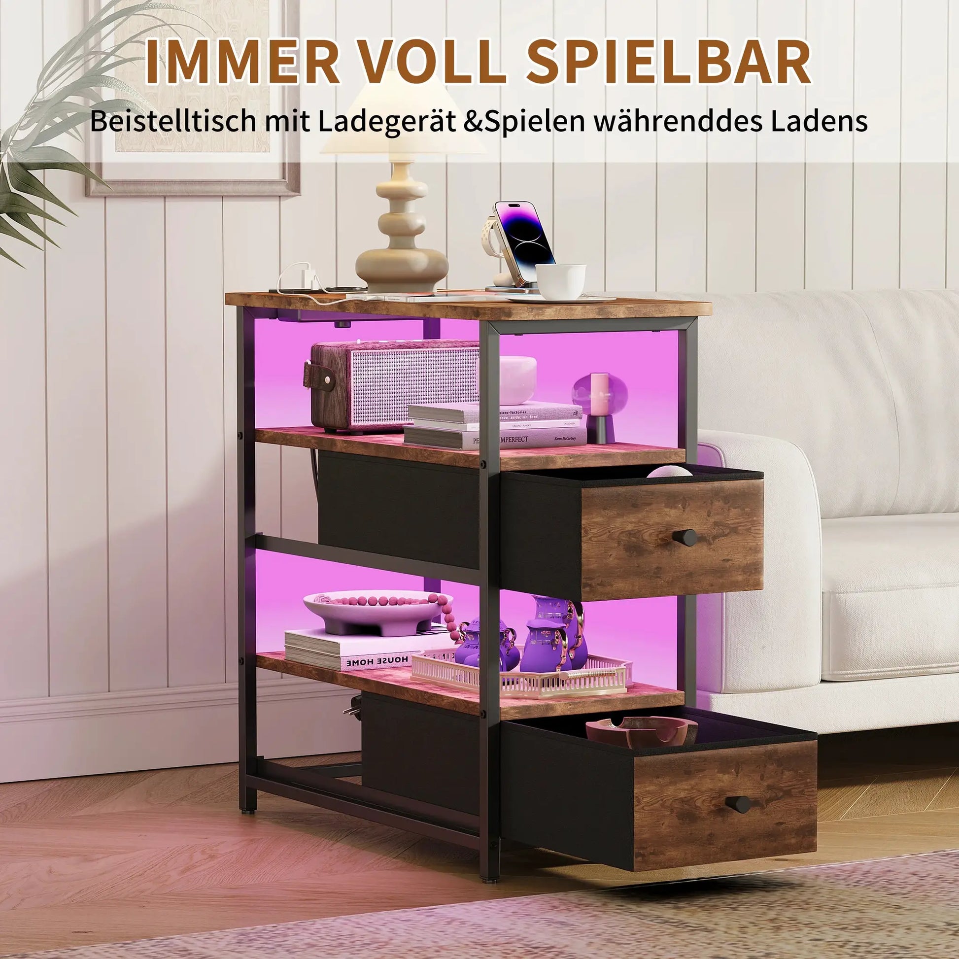 WOODENAURA Nachttisch mit zwei Stoffschubladen, LED-Licht + Ladestation, offenes Regal, Beistelltisch, braun, vierstufiger Aufbewahrungsschrank by Golden Bridge Store