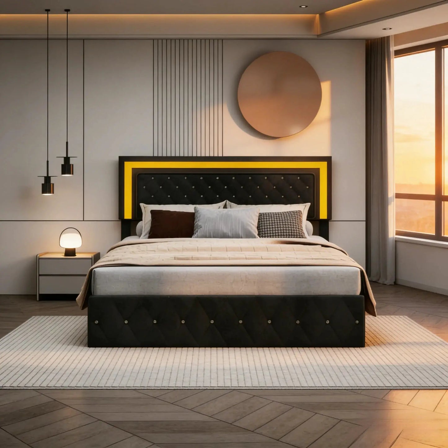Boxspringbett Mit Hydraulischem Stauraum Und LED Beleuchtung Samtbezug