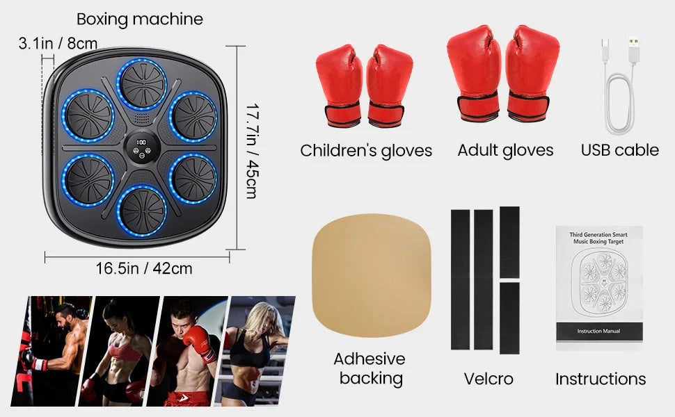 Smart Music Boxenmaschine mit RGB-Rhythmus-Lichtern & Bluetooth - Wandmontiertes Punch-Target, Erwachsene/Kinder-Handschuhe inklusive für Home-Gym