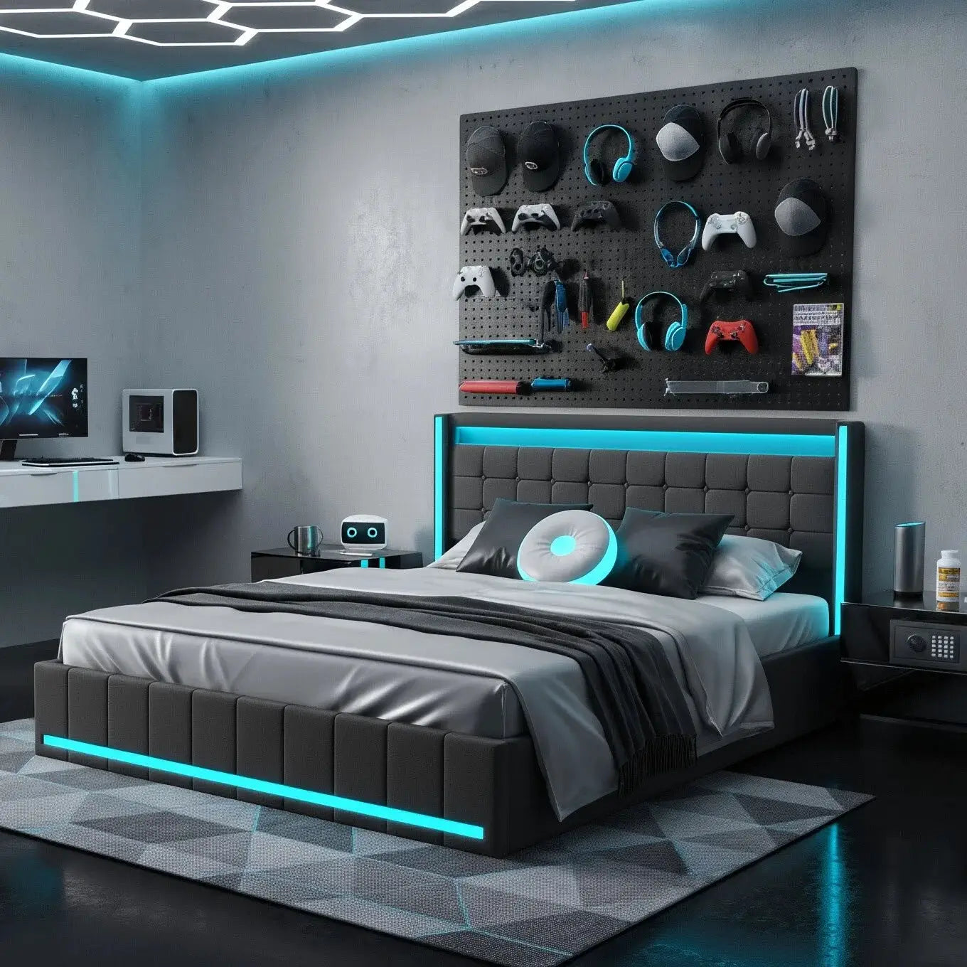 Bett 140x200cm Mit 4 Schubladen Und LED RGB Beleuchtung App Steuerbar