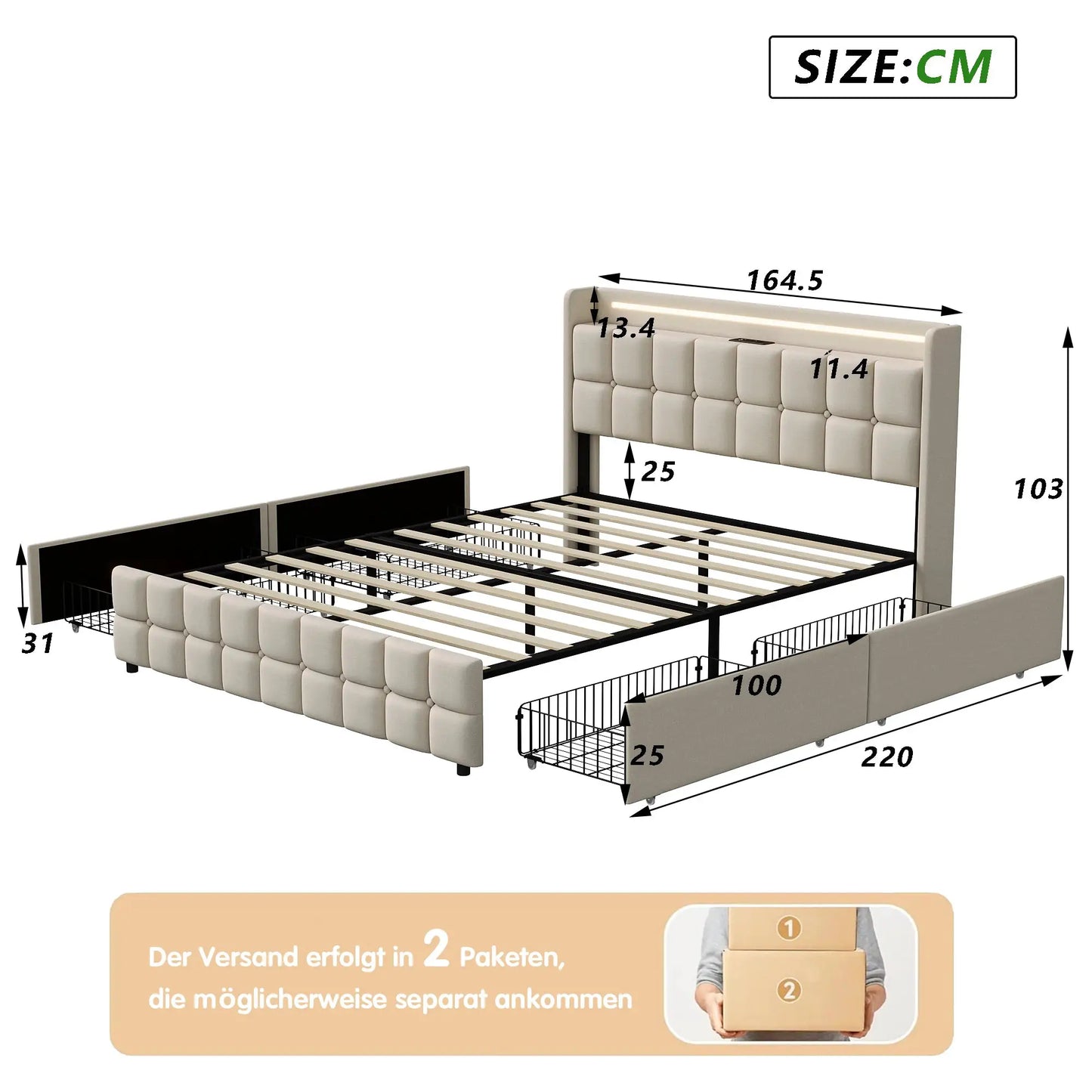Doppelbett 160x200 cm Mit LED-Beleuchtung Und 4 Schubladen