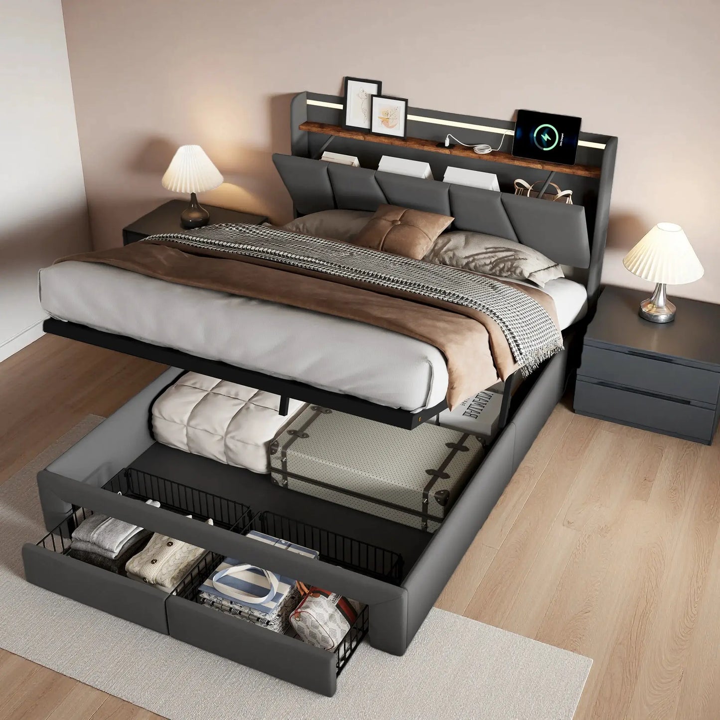 Bett 140x190cm Mit Stauraum Und LED Beleuchtung Mit Ausziehbaren Schubladen
