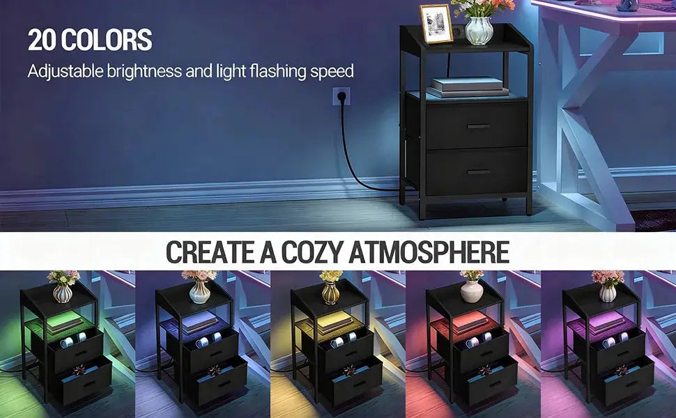 Nachttisch mit LED-Beleuchtung und Ladestation, Beistelltisch mit 2 Stoffschubladen und Ablagen, mit USB-Anschlüssen by Golden Bridge Store