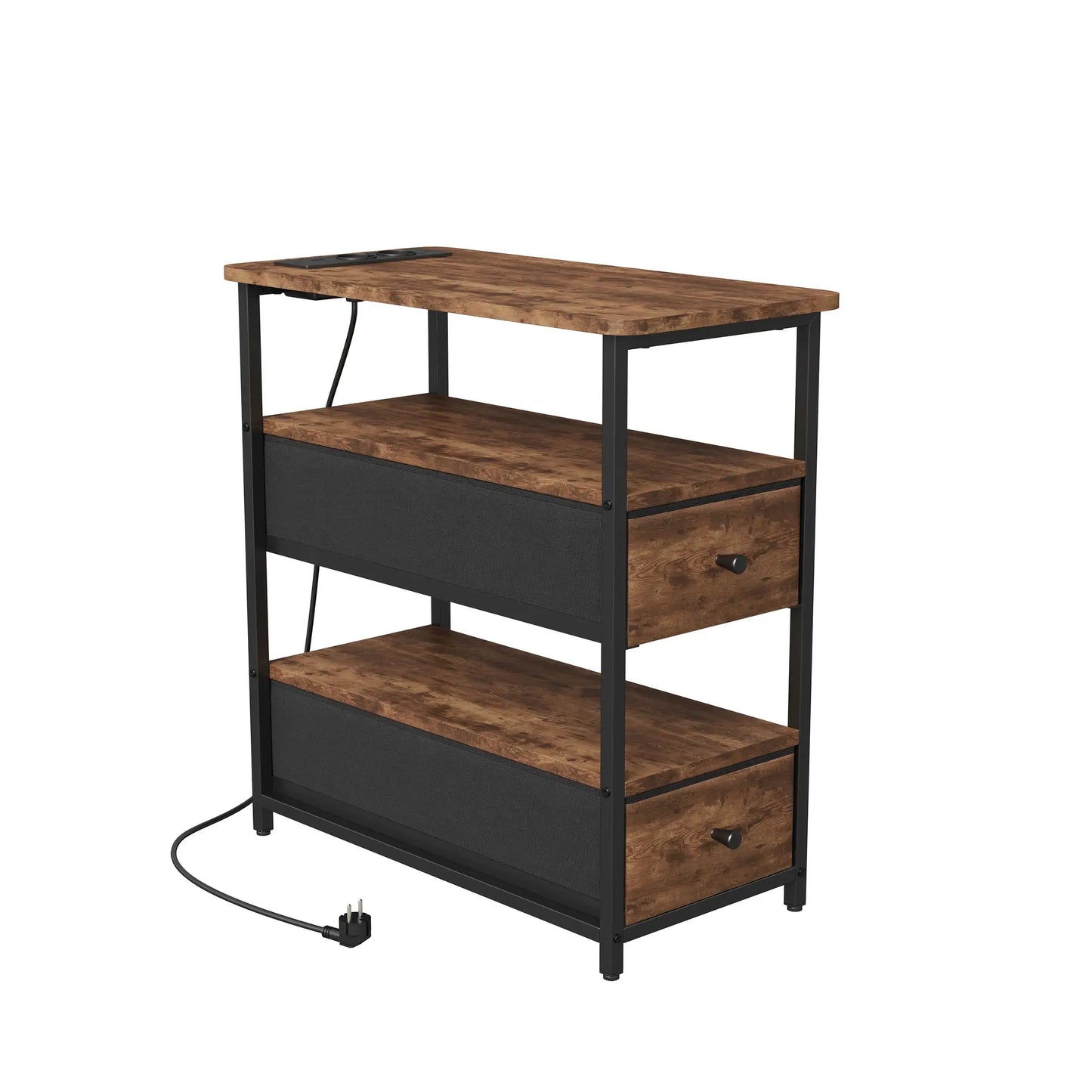 WOODENAURA Nachttisch mit zwei Stoffschubladen, LED-Licht + Ladestation, offenes Regal, Beistelltisch, braun, vierstufiger Aufbewahrungsschrank by Golden Bridge Store