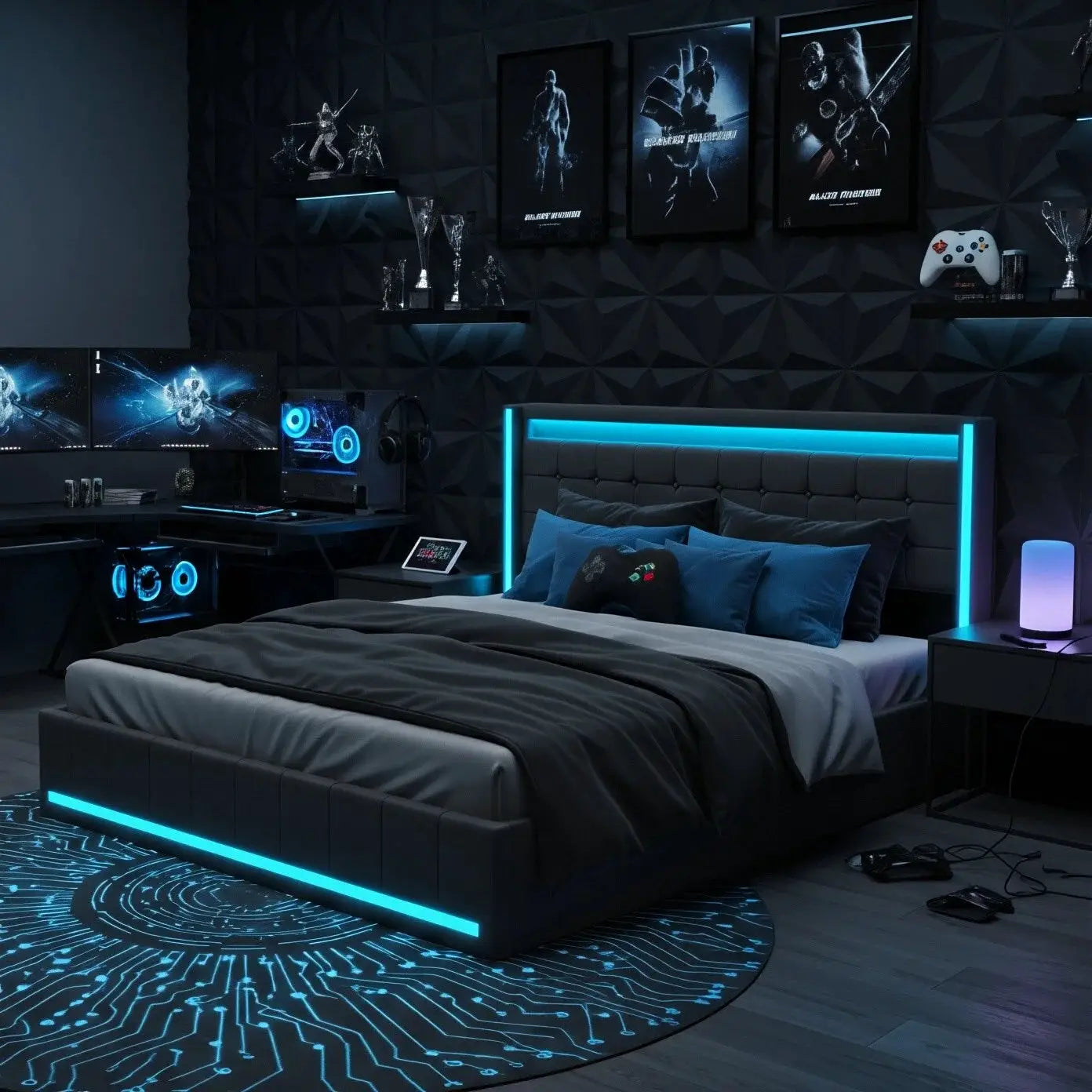 Bett 140x200cm Mit 4 Schubladen Und LED RGB Beleuchtung App Steuerbar