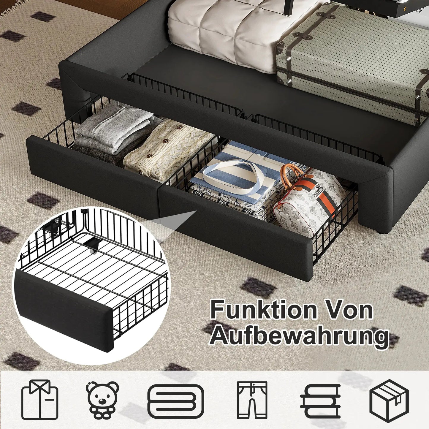 Bett 140x190cm Mit Stauraum Und LED Beleuchtung Mit Ausziehbaren Schubladen