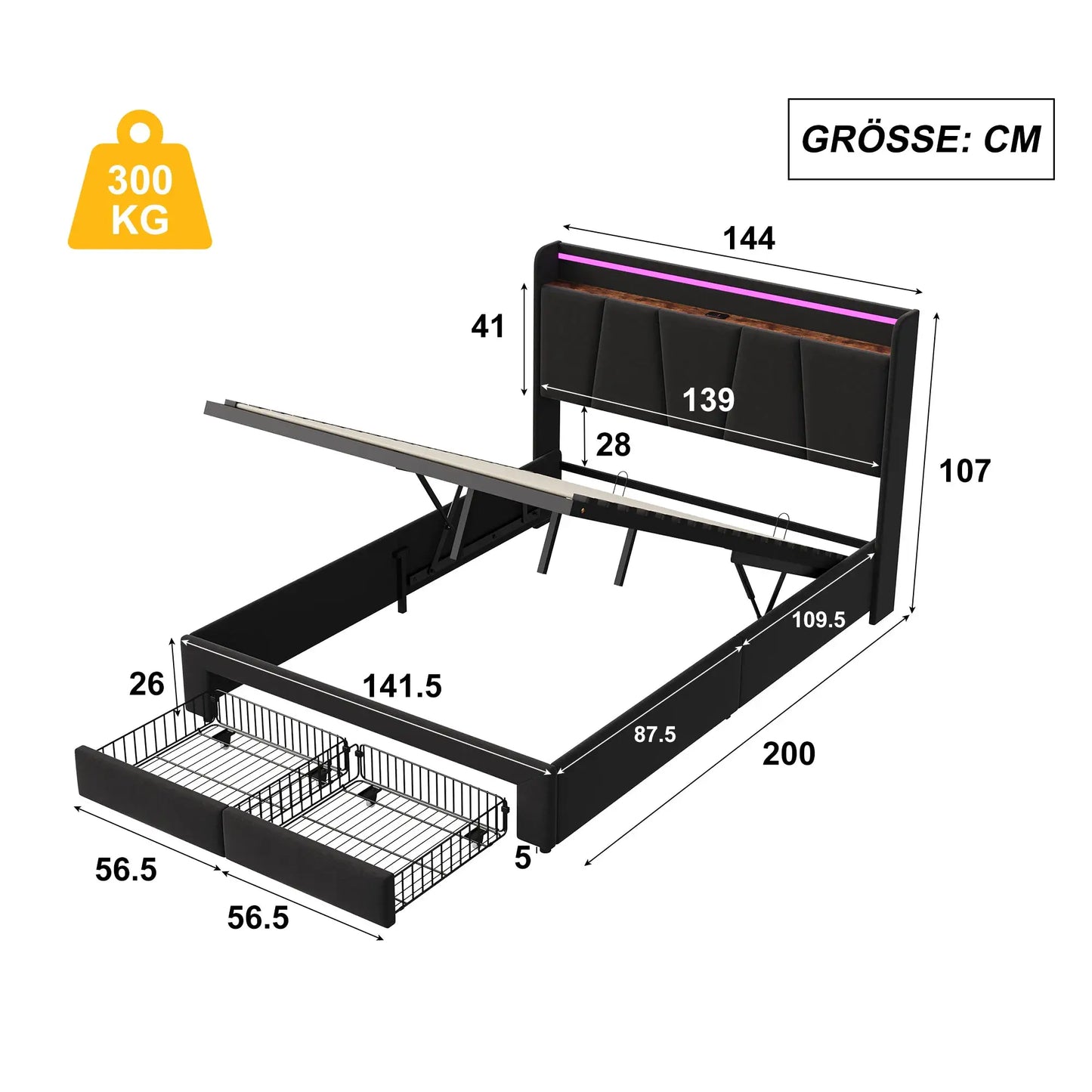 Bett 140x190cm Mit Stauraum Und LED Beleuchtung Mit Ausziehbaren Schubladen