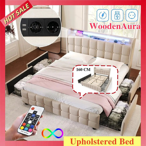 Doppelbett 160x200 cm Mit LED-Beleuchtung Und 4 Schubladen