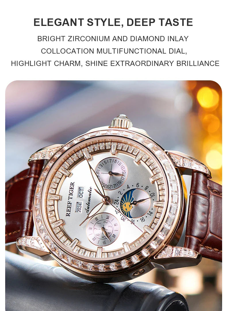Automatic moonphase  watch by reef tiger diamonds bezel blue dial