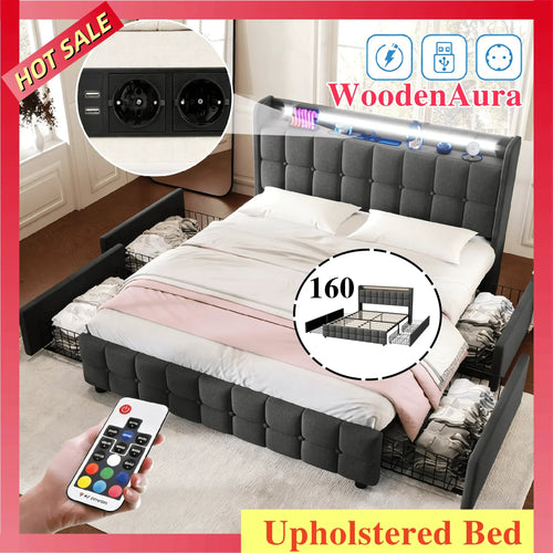 Polsterbett 160x200 Mit 4 Schubladen USB Ladeanschlüsse LED Kopfteil
