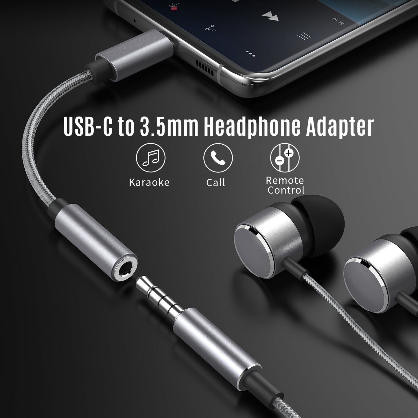 Adaptor pentru căști DREIKS USB-C HiFi DAC - Rezoluție 384 kHz/32 biți, 48 kHz/16 biți, Design compact