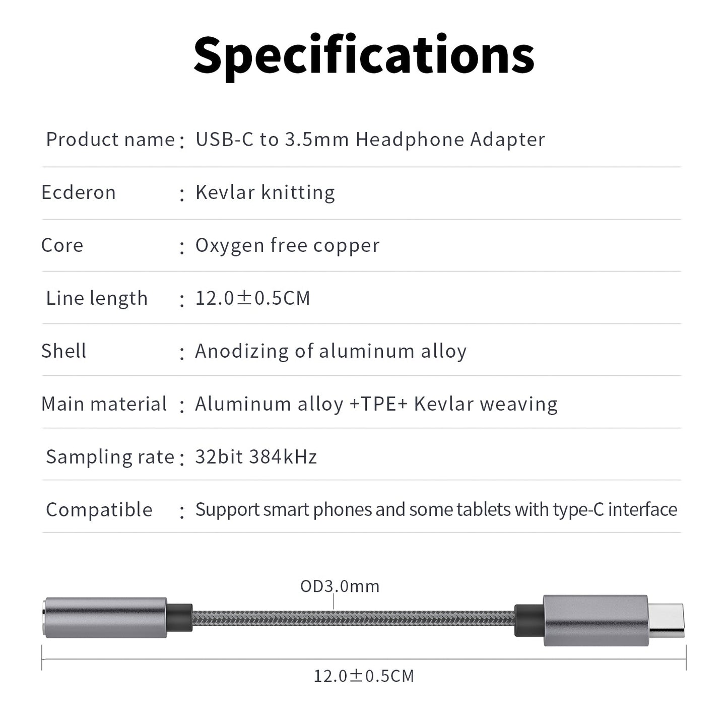 Adaptor pentru căști DREIKS USB-C HiFi DAC - Rezoluție 384 kHz/32 biți, 48 kHz/16 biți, Design compact