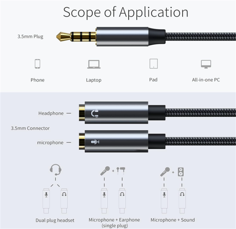 Audio Splitter Kabel Adapter 1/2 Headset 3.5mm Klinke Stecker 2 Buchse Mikrofon