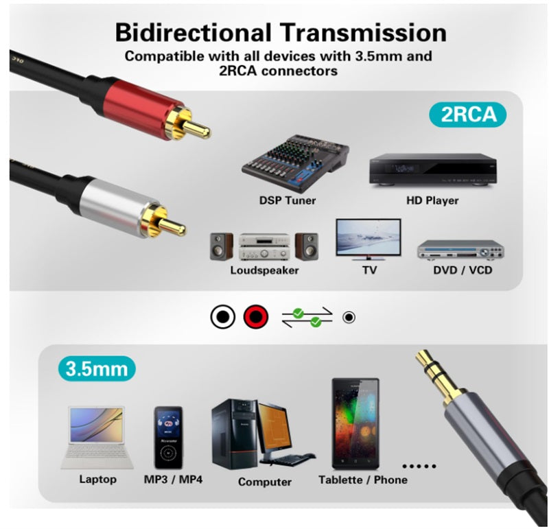 DREIKS Premium Aux Zu Cinch Kabel Goldkontakte - Länge 1 m, 3,5 mm Klinke, 2x Cinch RCA