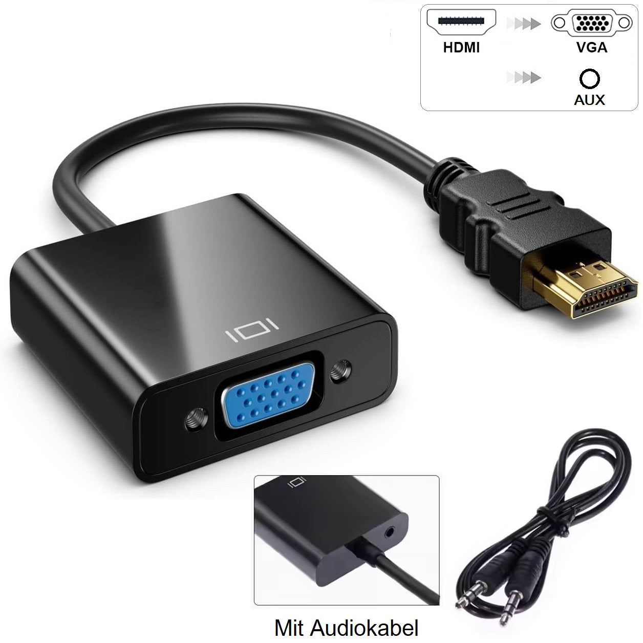 DREIKS HDMI Auf VGA Adapter - Auflösung Bis 1920x1080, Integrierter Konvertierungschip, Kompakte Bauweise