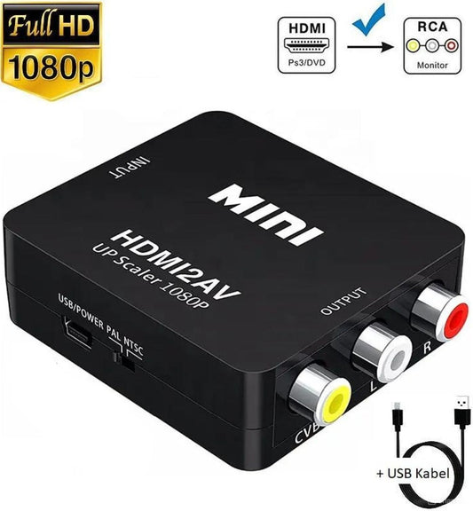 Convertor AV HDMI DREIKS - rezoluție 1080P, ieșiri RCA, PAL/NTSC pentru set-top box-uri