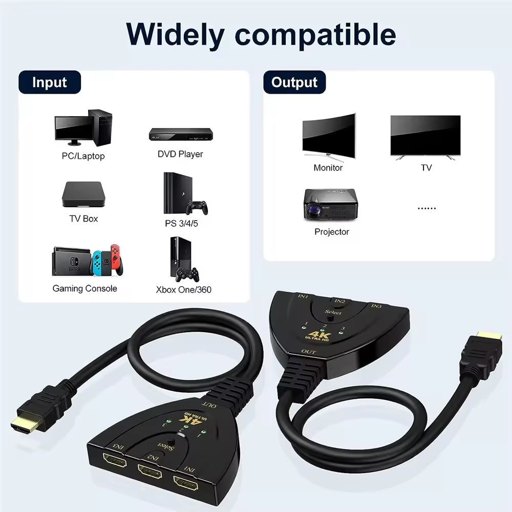 DREIKS HDMI Switch 3in1 Intelligente Erkennung - 3 Eingänge, HDMI-Stromversorgung, Kompaktes Design
