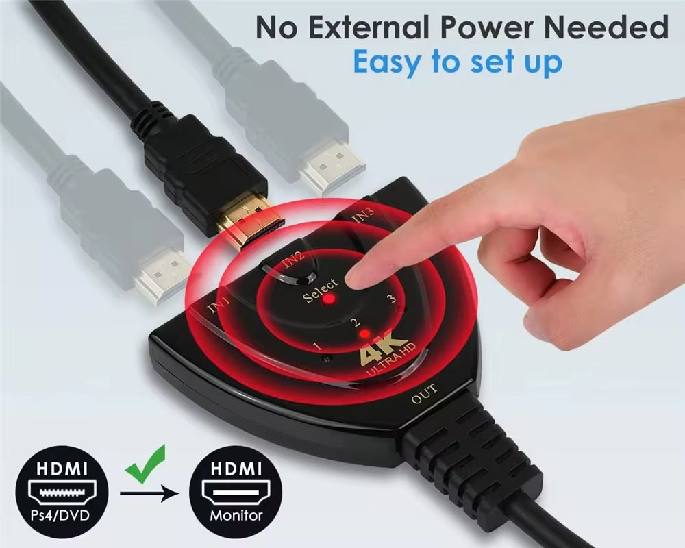 DREIKS HDMI Switch 3in1 Intelligente Erkennung - 3 Eingänge, HDMI-Stromversorgung, Kompaktes Design