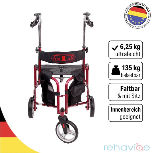 Premium 3-Rad Rollator – extra wendig, faltbar & leicht für Innenräume