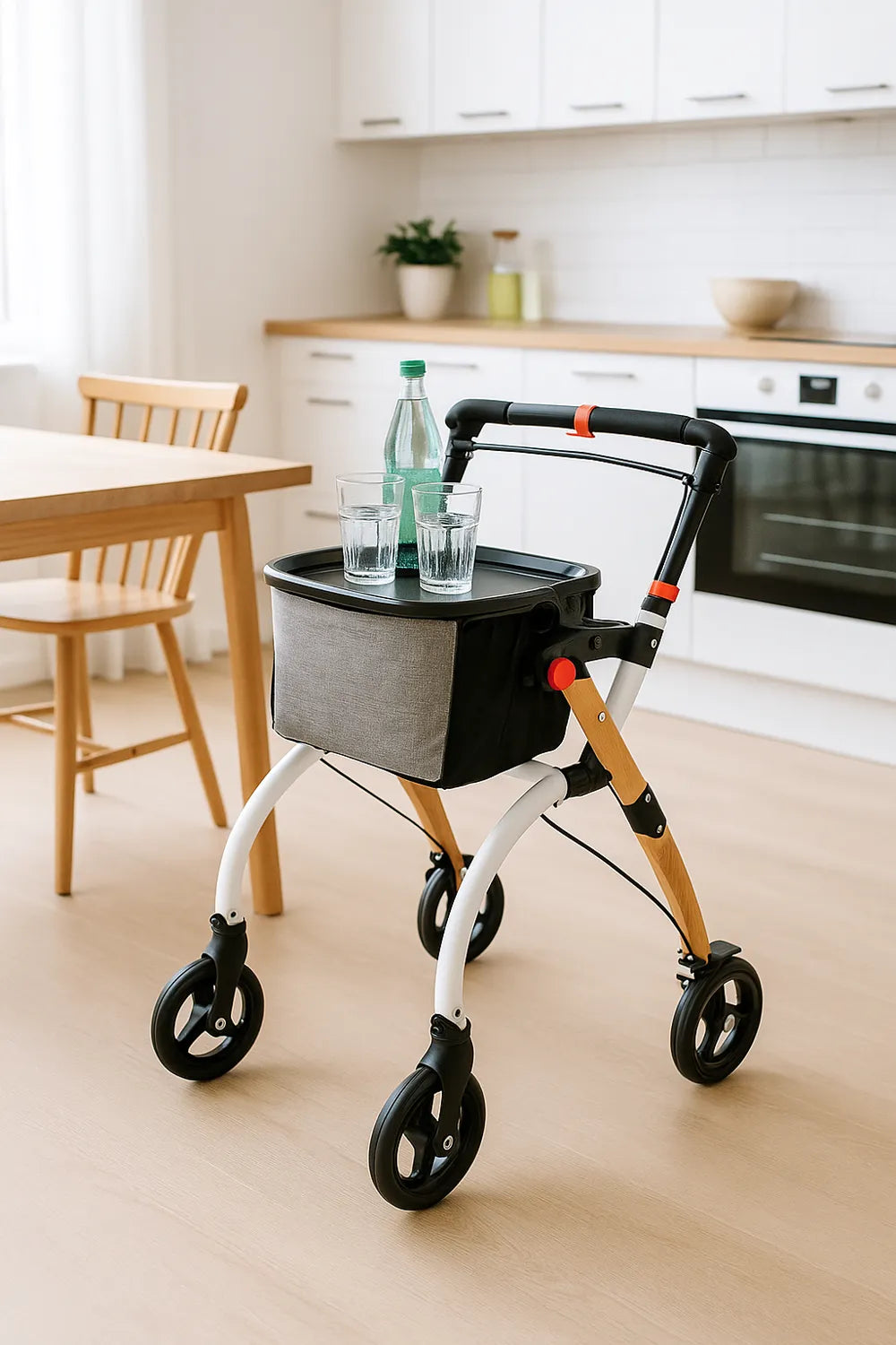 Rollator de interior Antar, aspect semi-lemn, geantă și tavă – AT51040