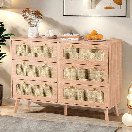 Anajqaqia Rattan Aufbewahrungsschrank 6 Schubladen Holzflechtfront