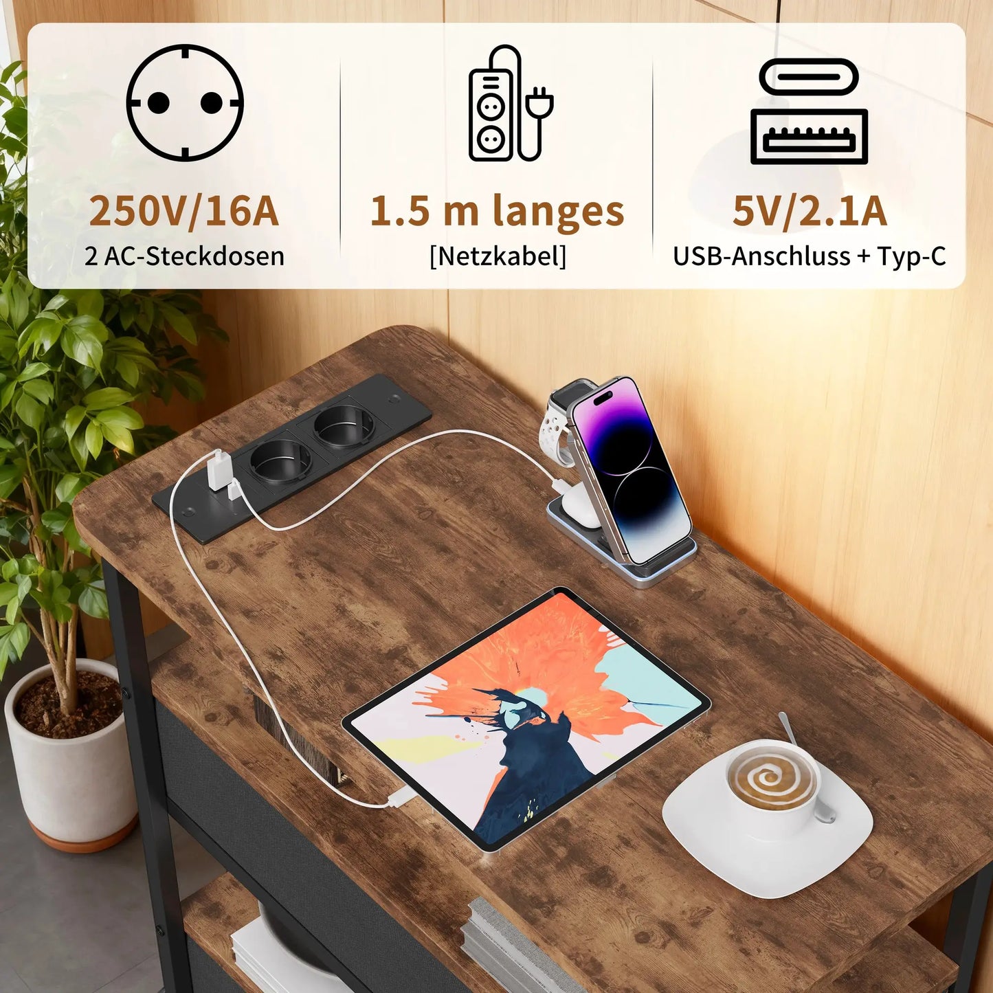 WOODENAURA Nachttisch mit zwei Stoffschubladen, LED-Licht + Ladestation, offenes Regal, Beistelltisch, braun, vierstufiger Aufbewahrungsschrank by Golden Bridge Store