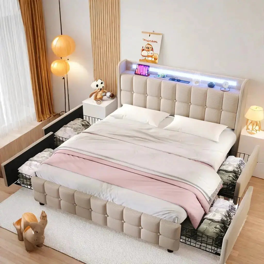 Doppelbett 160x200 cm Mit LED-Beleuchtung Und 4 Schubladen