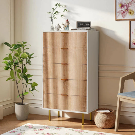 Anajqaqia Nachttisch Massivholz 5 Schubladen Goldene Beine