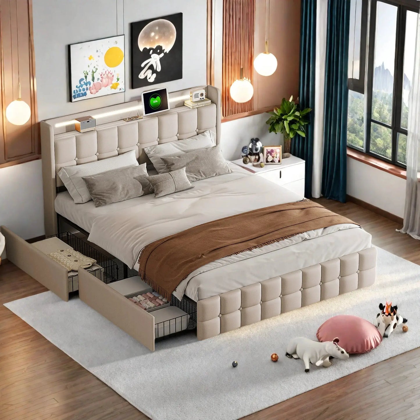 Doppelbett 160x200 cm Mit LED-Beleuchtung Und 4 Schubladen