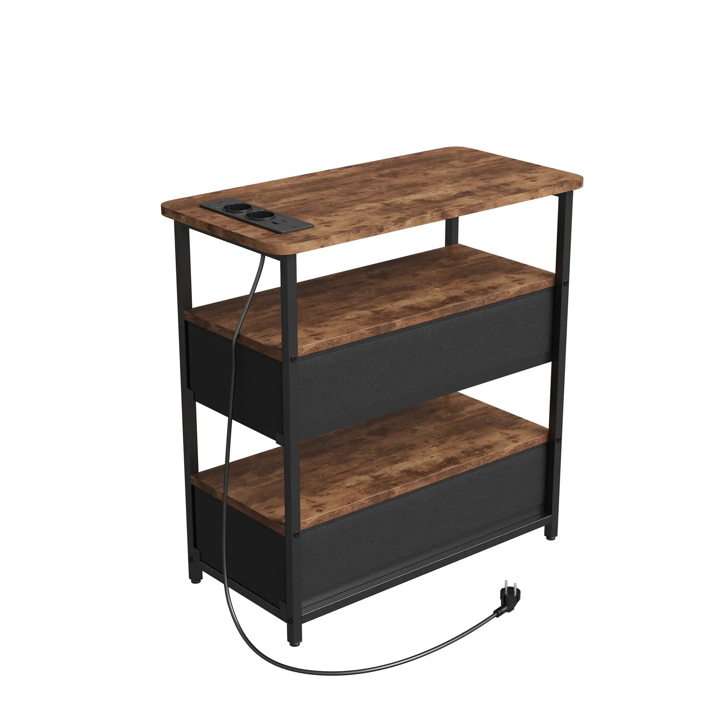 WOODENAURA Nachttisch mit zwei Stoffschubladen, LED-Licht + Ladestation, offenes Regal, Beistelltisch, braun, vierstufiger Aufbewahrungsschrank by Golden Bridge Store