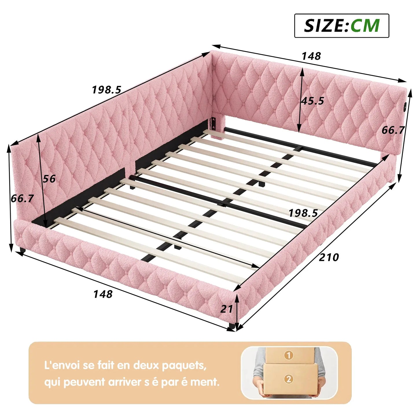 Tagesbett Gepolstert 140x200 cm Mit LED Licht In Rosa
