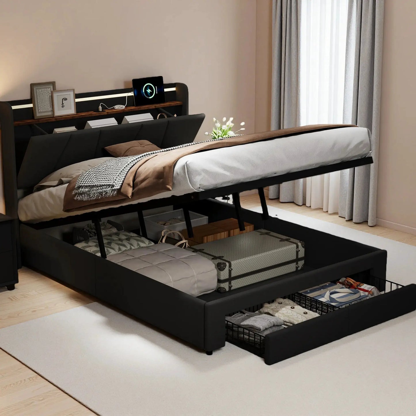 Bett 140x190cm Mit Stauraum Und LED Beleuchtung Mit Ausziehbaren Schubladen