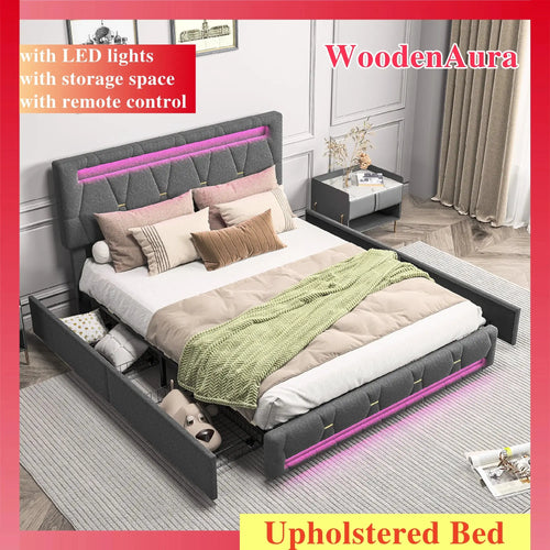 Gepolstertes Bett 140x200 cm Mit 4 Schubladen Und LED Beleuchtung