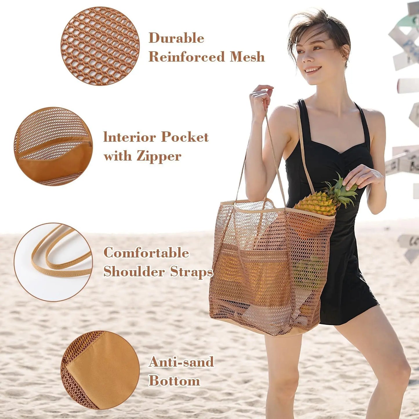 Beach Tote Bag Women Swimming Mesh Shoulder Bags Multifunction Large-Capacity Lightweigh Travel Storage Bag