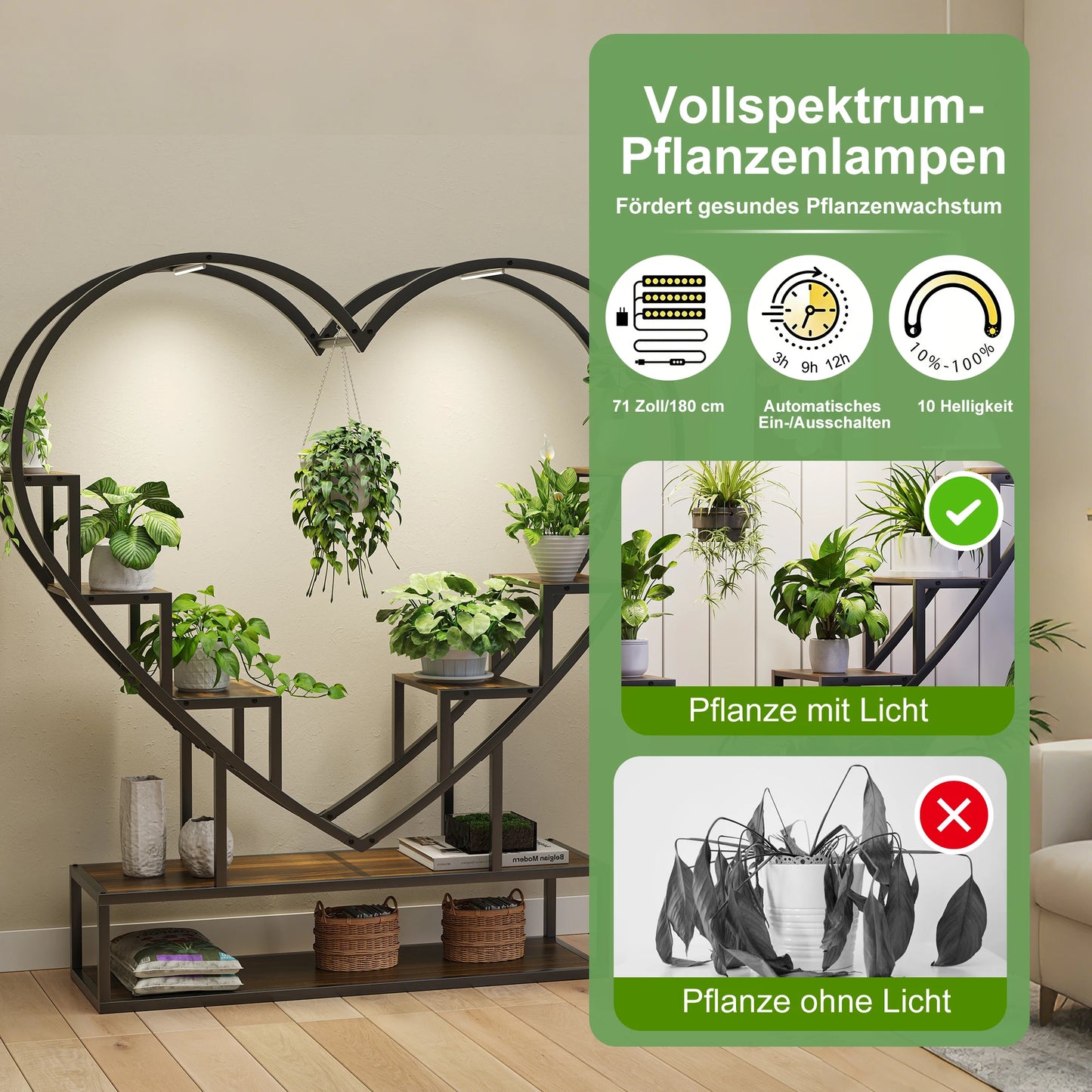 WoodenAura Pflanzenständer 9 Ebenen 138 cm Metallrahmen Holzregal