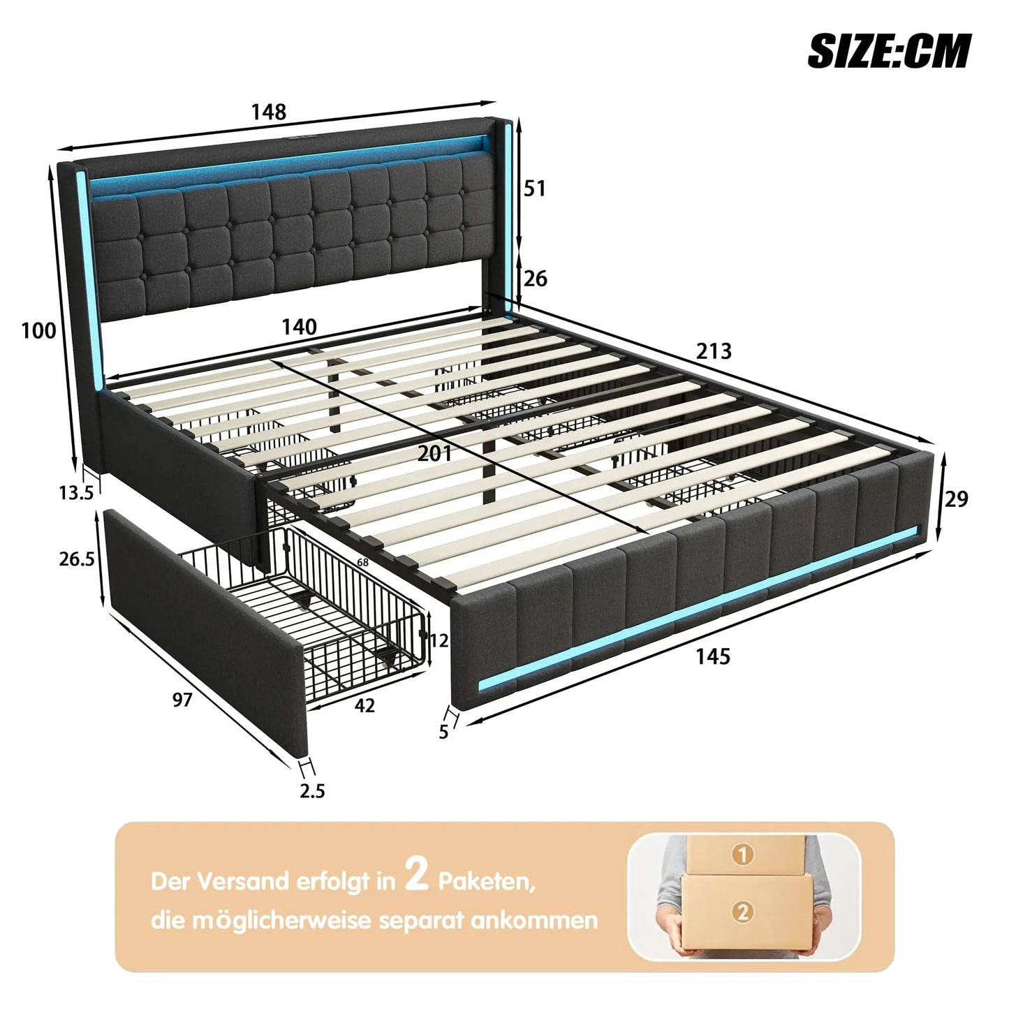 Bett 140x200cm Mit 4 Schubladen Und LED RGB Beleuchtung App Steuerbar