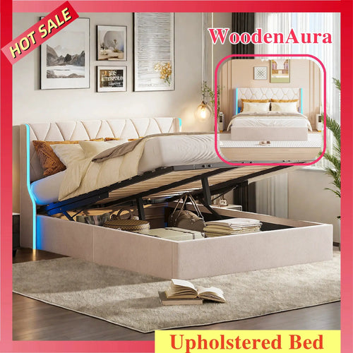 Bett 140x200 cm Mit LED Leselampen Stauraum Beigefarbener Samt