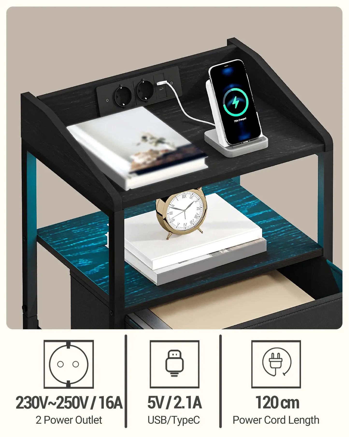 Nachttisch mit LED-Beleuchtung und Ladestation, Beistelltisch mit 2 Stoffschubladen und Ablagen, mit USB-Anschlüssen by Golden Bridge Store