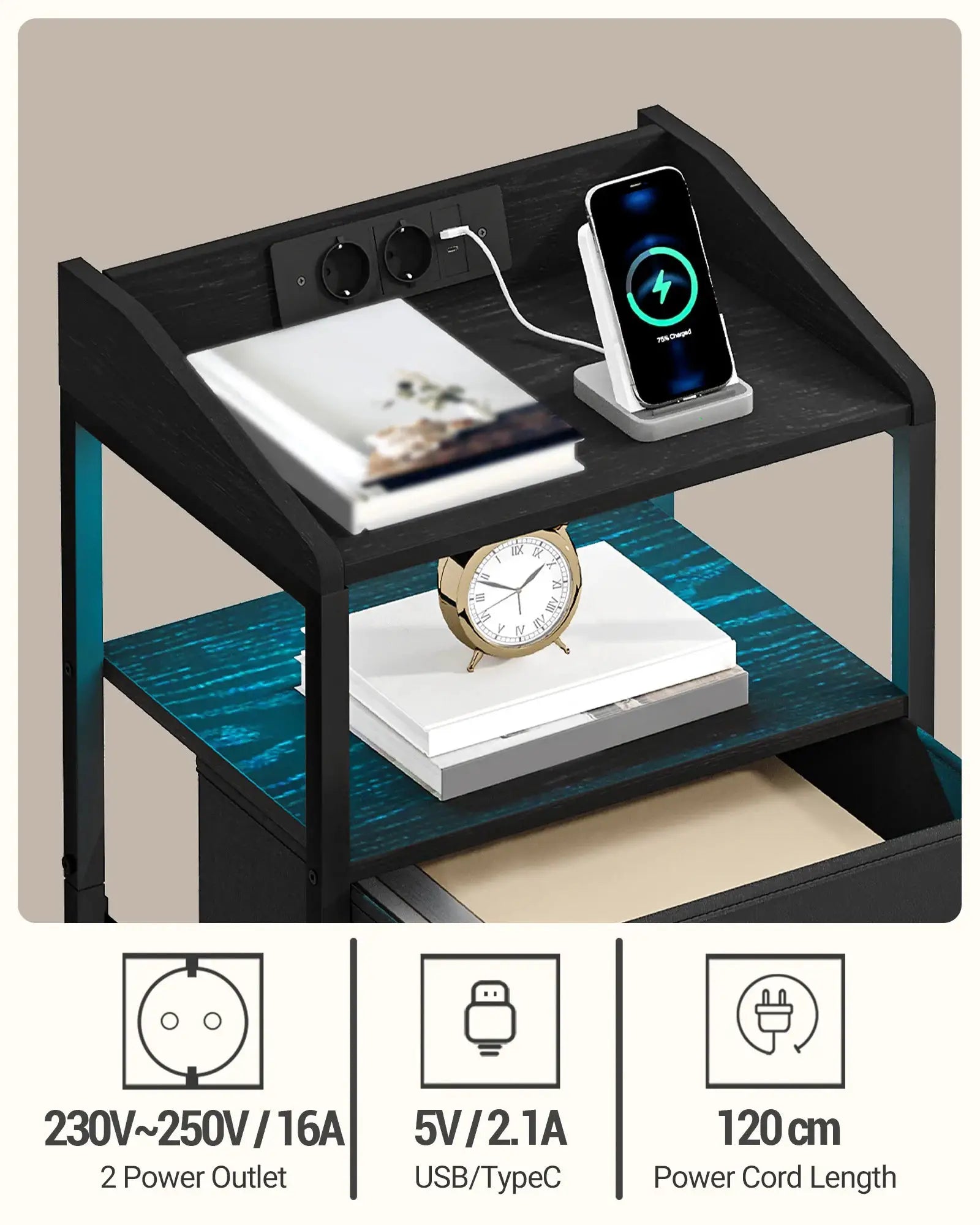 Nachttisch mit LED-Beleuchtung und Ladestation, Beistelltisch mit 2 Stoffschubladen und Ablagen, mit USB-Anschlüssen by Golden Bridge Store