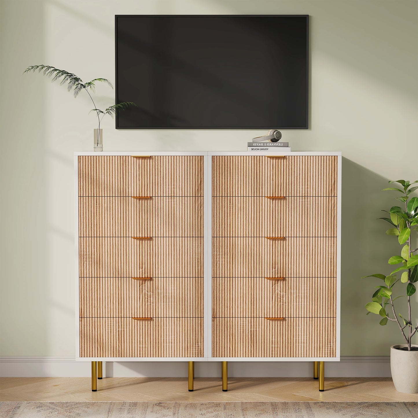 Anajqaqia Nachttisch Massivholz 5 Schubladen Goldene Beine