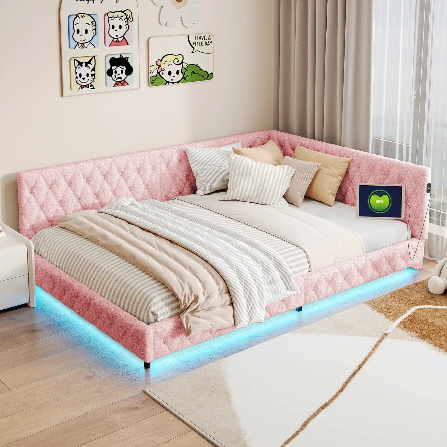Tagesbett Gepolstert 140x200 cm Mit LED Licht In Rosa