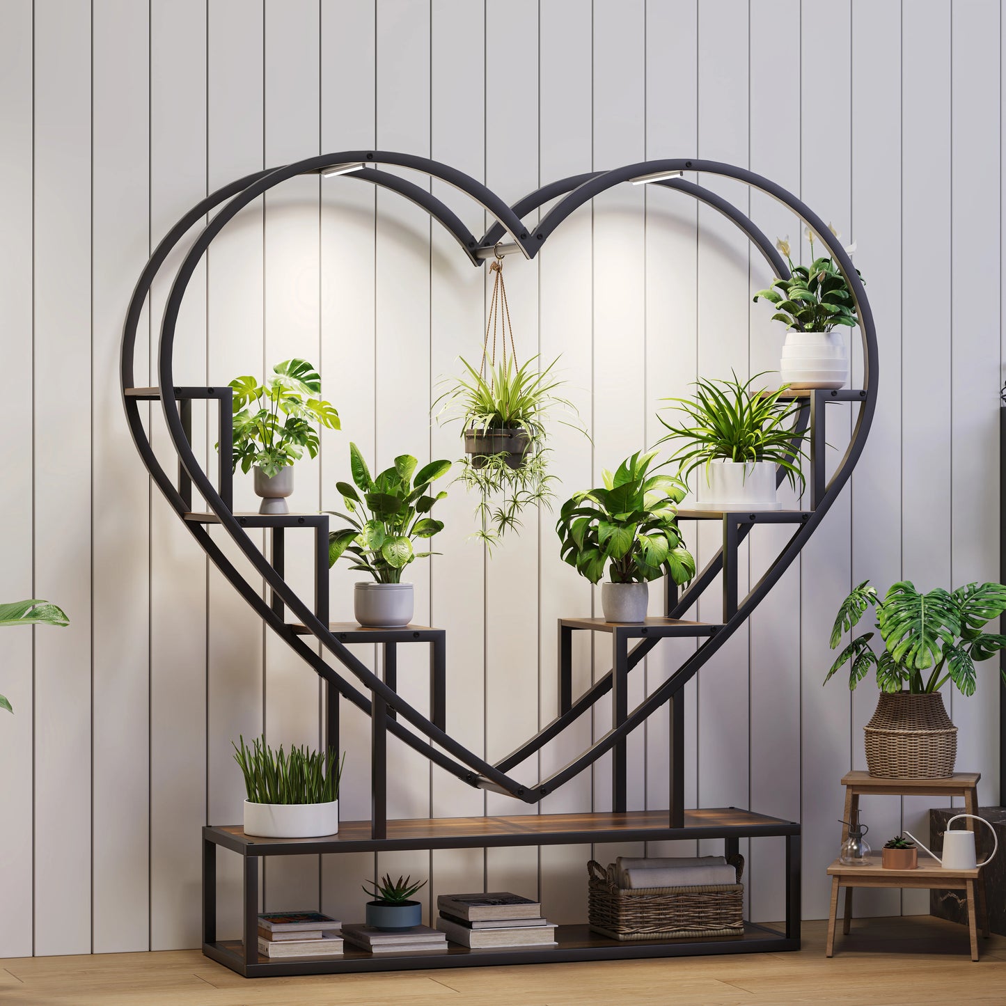 WoodenAura Pflanzenständer 9 Ebenen 138 cm Metallrahmen Holzregal