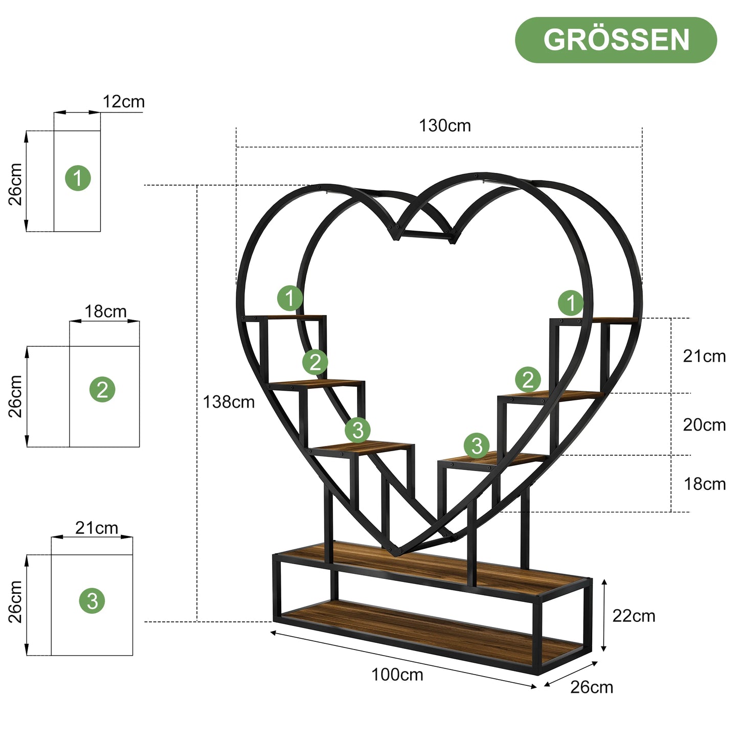 WoodenAura Pflanzenständer 9 Ebenen 138 cm Metallrahmen Holzregal
