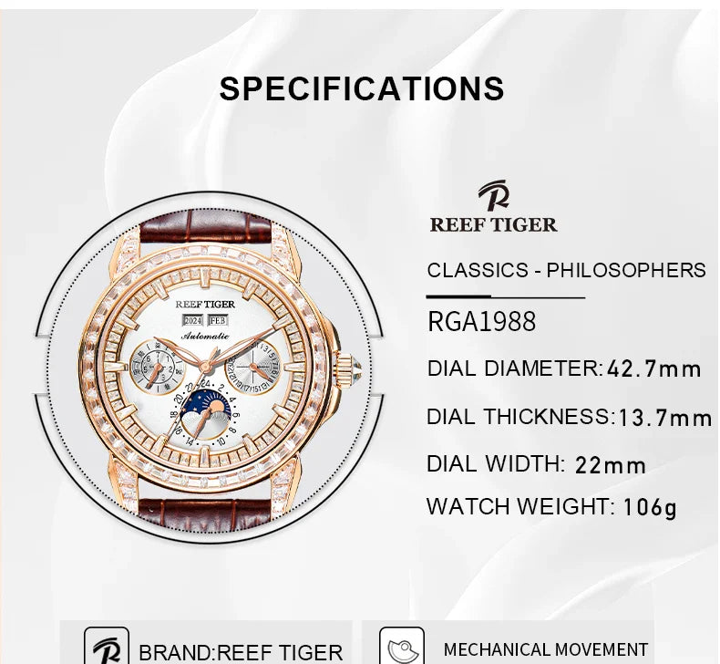 Automatic moonphase  watch by reef tiger diamonds bezel blue dial
