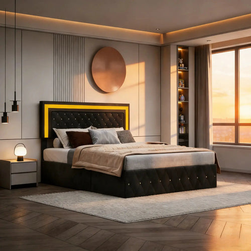 Boxspringbett Mit Hydraulischem Stauraum Und LED Beleuchtung Samtbezug